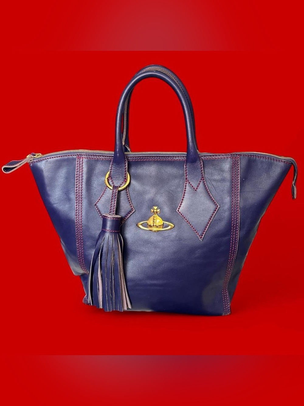 VIVIENNE WESTWOOD • RARE Authentic Vintage GIANT Blue Leather Gold Orb Tote Bag